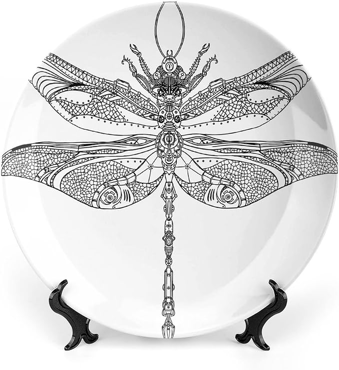 Ceramic Display Plate, Abstract Ceramic Hanging Decorative Plate, Animal Steampunk Dragonfly Pattern, 10 Inch, Living Room Kitchen Decoration Household, Black White