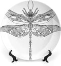 Ceramic Display Plate, Abstract Ceramic Hanging Decorative Plate, Animal Steampunk Dragonfly Pattern, 10 Inch, Living Room Kitchen Decoration Household, Black White