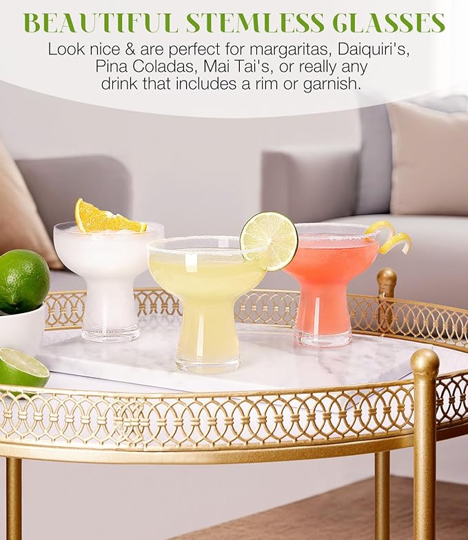 LUNA & MANTHA Martini Glasses Set of 4, 10oz Stemless Margarita Glasses, Modern Hand-blown Margarita Glass for Daiquiri, Frozen Cocktails, Dessert, Daily Use, Home Bar, Birthdays Gift, Crystal Clear