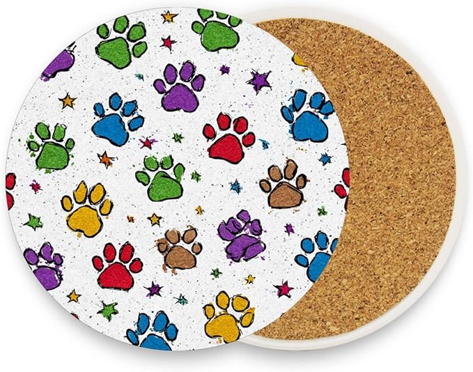 Coasters for Drinks Coaster Drink Set Decorative Coffee Table Desk Cup Mat Spring Cute Cork Bar Backing Round Home Decor Cute Colorful Paw Prints and Stars37