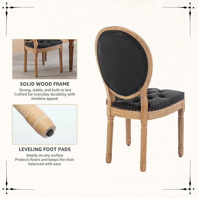 Vintage French Dining Chairs Set of 4, Round Back PU Leather Upholstered Side Chairs with Nailhead Trim and Solid Wood Frame, Sillas de Comedor for Dining Room & Kitchen, Black
