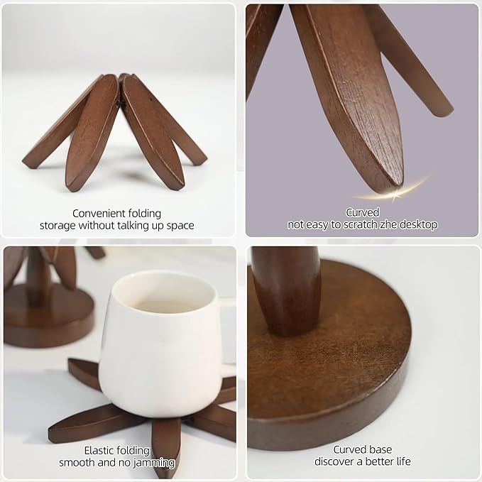 Wooden Trivets for Hot Dishes - Trivet Tree, Tree Coasters, Decorative Shape Set, 4 Coasters + 1 Stand, Walnut Foldable Hot Plate Holder for Pots, Pans, Bowls, Teapots