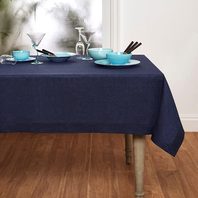 Solino Home Linen Tablecloth 60 x 108 Inch - 100% Pure Linen Chambray Navy Table Cloth for Rectangular Tables - Athena, Machine Washable Cloth Tablecloth for Winter, Spring