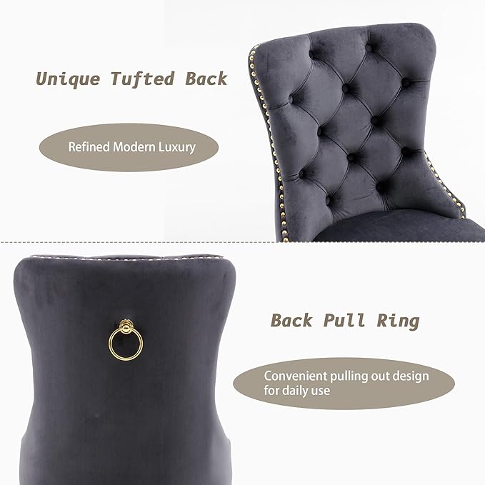 KCC Velvet Dining Chairs Set of 2, Upholstered High-end Tufted Dining Chair with Nailhead Back Ring Pull Trim Stainless Steel Legs, Contemporary Nikki Collection Modern Style for Kitchen, Dark Gray