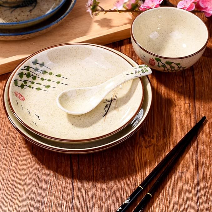 4-Piece Ceramic Dinnerware Set, Plate, Dish, Bowl, Spoon, Japanese Hand-painted Tableware set, A Good Tableware