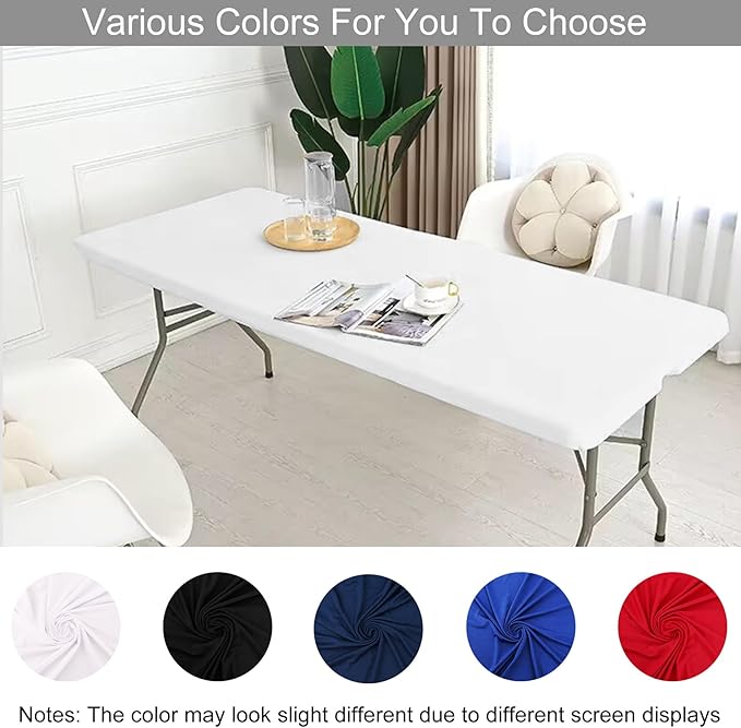 4 Pack Spandex Tablecloth Table Top Cap Cover Washable Elastic Rectangle Tablecloth for 6 FT Folding Tables for Indoor Outdoor Party (72 x 30 Inches, White)