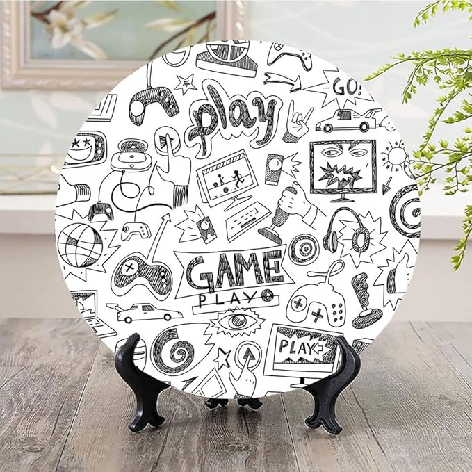 Ceramic Plates, Video Games Decorative Ceramic Plates, Monochrome Sketch Style Gaming Design Racing, 7 Inch, for Dining, Parties, Wedding, White Black