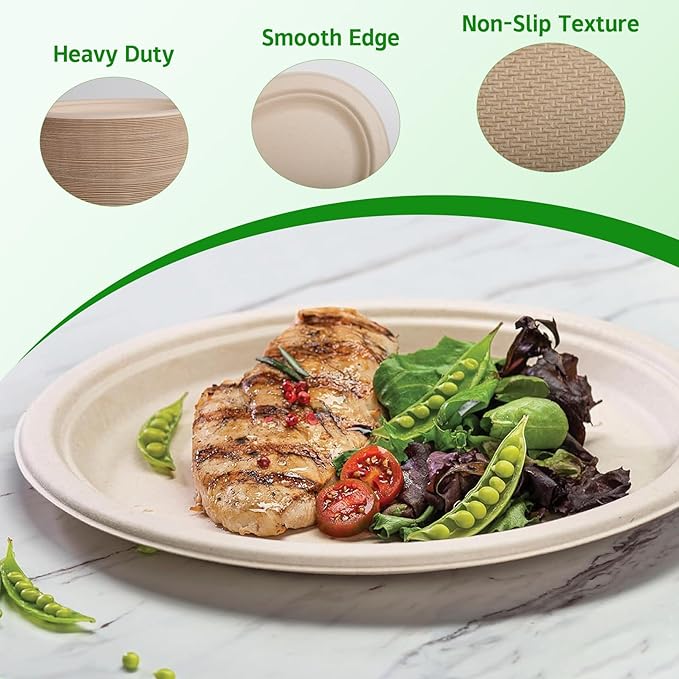 125 Pack Oval Paper Plates,10 Inch Disposable Paper Plates,Super Strong Oval Paper Dinner Plates,Compostable Biodegradable Sugarcane Plates for BBQ,Party,Picnic(Brown)