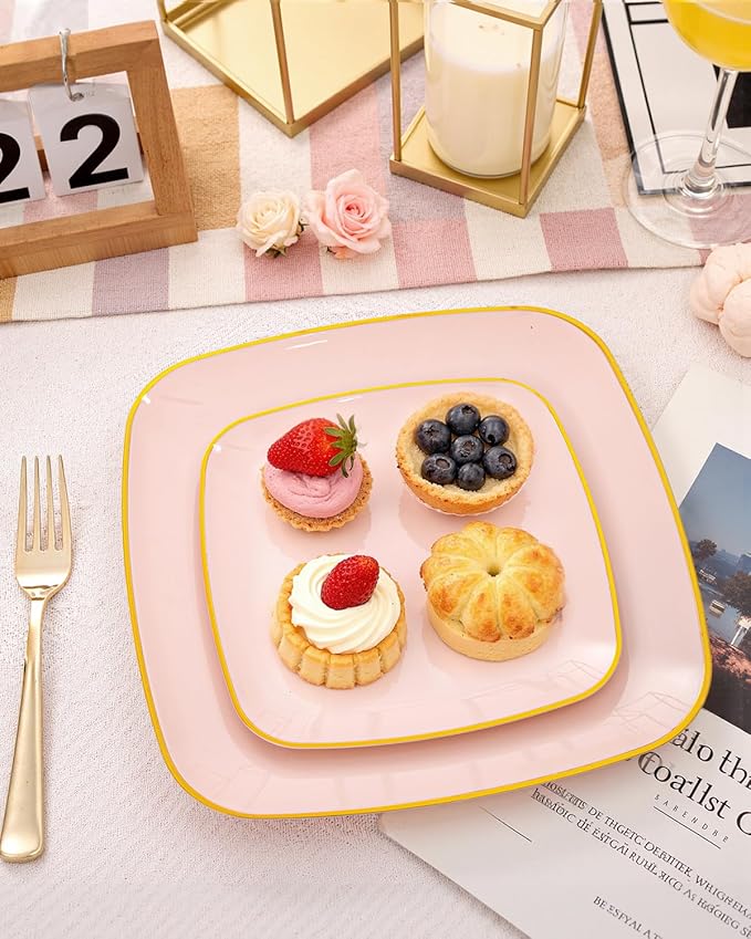 bUCLA 100PCS Pink Plastic Plates - Heavy Duty Square Pink and Gold Disposable - Include 50 Dinner 10 inch & 50 Dessert 7.25 inch Plates for Party & Valentines Day