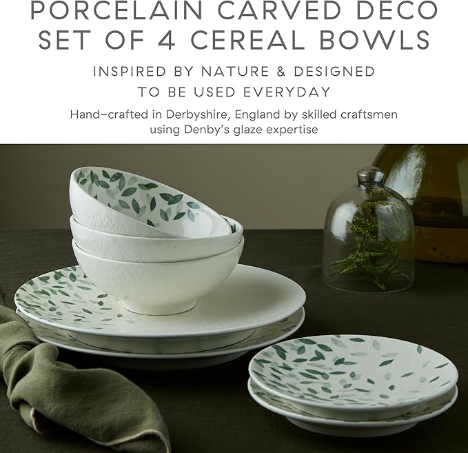 Denby - Carved Deco Cereal Bowls Set of 4-6.7 Inch - Dishwasher Microwave Oven Safe - Large Uniquely Textured Porcelain Cereal Bowl - Scratch Chip Resistant