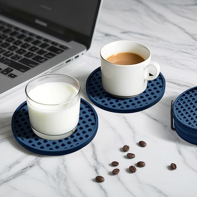 Coasters for Drinks, Silicone Coasters Set of 6 with ABS Holder, Outdoor Coaster for Coffee Table, Non-Slip Rubber Table Cup Mat Desk, Heat Resistant & Scratch-Proof (Navy Blue)