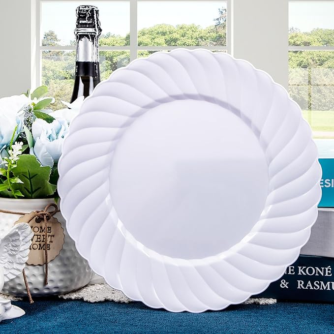 U-QE 60 Pieces White Plastic Plates - 9 Inch White Disposable Plates - Washable & Reusable - Premium Hard Plates - Party Supplies for Birthdays, Celebrations, Travel, Wedding, Party and Events