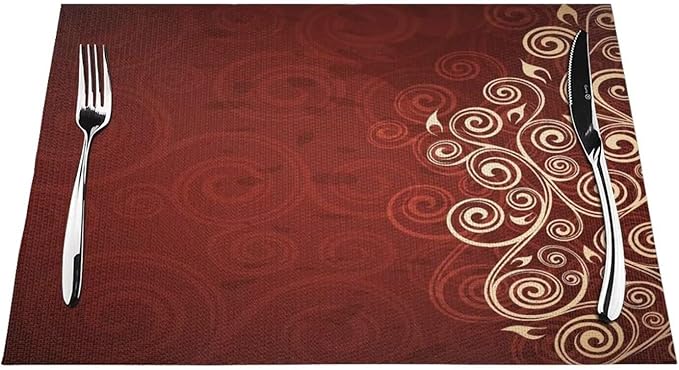 Burgundy Placemats Set of 4 Swirls Ivy Image Ombre Details Wipeable Table Mats Flower Art Reusable Washable Red Floral PVC Rectangle Place Mats for Kitchen Dining Home Decor 12x18 Inches