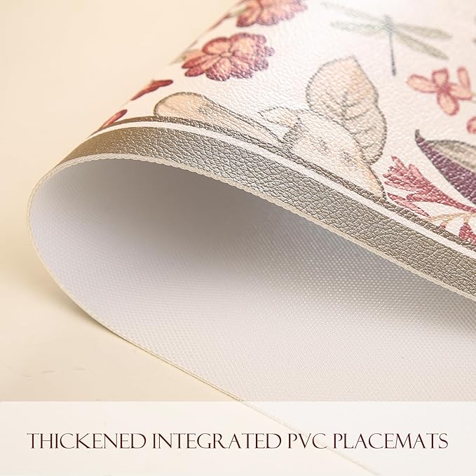 ISAENNE Grey Green Placemats Set of 6,Rectangular PVC Placemats, Waterproof and Heat-Resistant Botanical Floral Pattern,Decoration for Kitchen,Dinning,Parties, Holiday,12"*17"