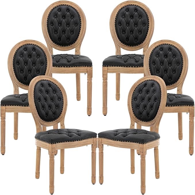 Vintage French Dining Chairs Set of 6, Round Back PU Leather Upholstered Side Chairs with Nailhead Trim and Solid Wood Frame, Sillas de Comedor for Dining Room & Kitchen, Black