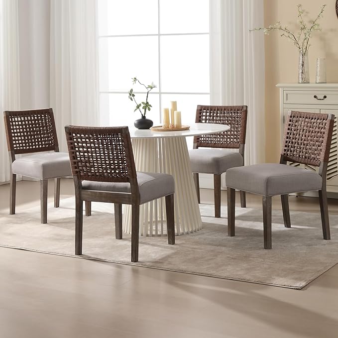 Farmhouse Dining Chairs Set of 4 Linen Fabric Upholstered Accent Side Chair, Mid Century Modern Kitchen & Dining Room Chairs with Woven Rope Back for Home, Living Room, Bedroom - Grey