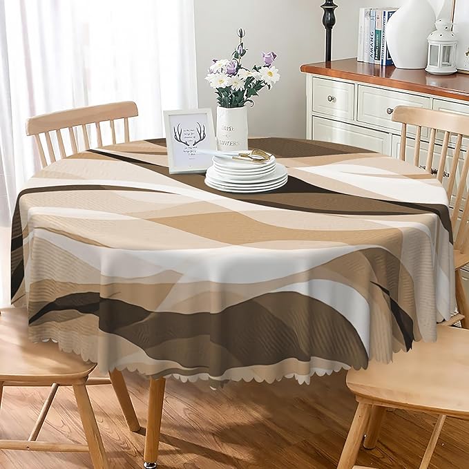 Laeacco 24 Inch Brown Modern Round Tablecloth Striped Geometric Abstract Art Print Table Cloth Washable Waterproof Wrinkle Free Table Cover for Kitchen Dining Picnic Party Decoration