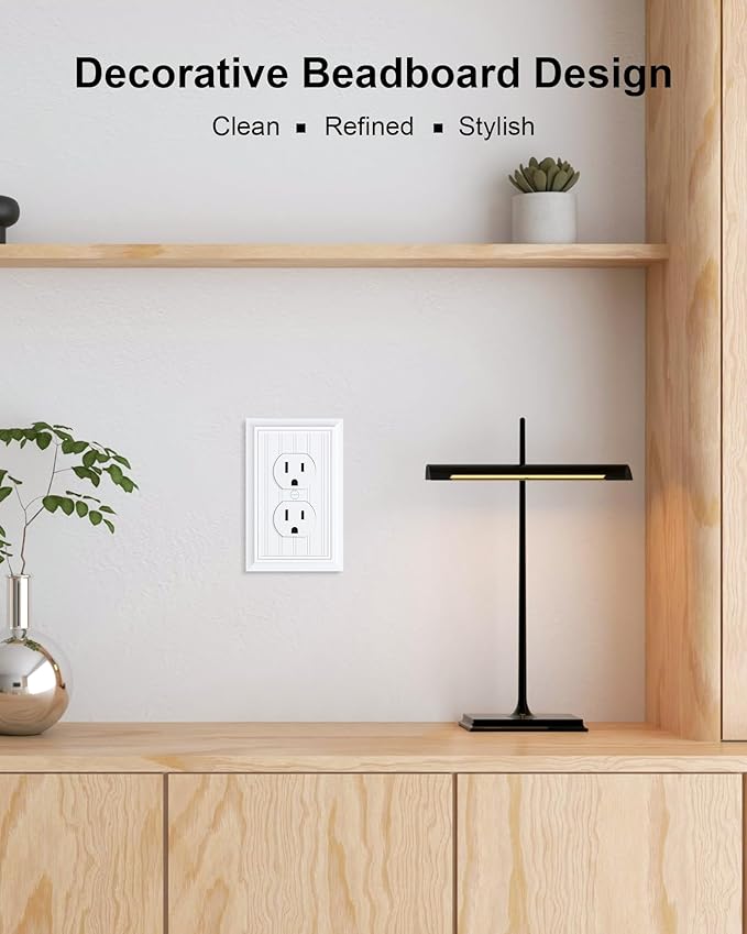 4-Pack Classic Beadboard Duplex Outlet Cover Plate, Decorative Pure White Switch Plates and Outlet Covers, Natural Bamboo Fiber Wall Plates for Electrical Outlets, 1 Gang Receptacle Cover