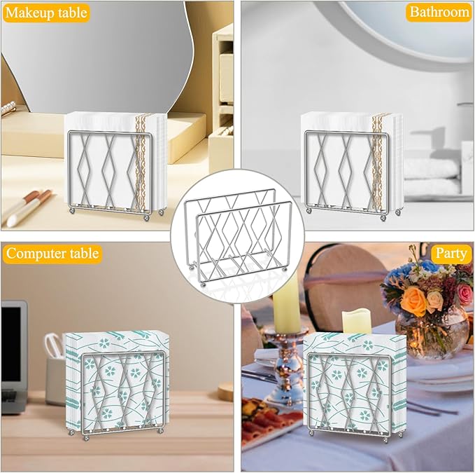 Napkin Holder for Table, Modern Metal Napkin Holders for Paper Napkins & Kitchen Dining & Countertops, Cocktail Upright Napkin Holder Dispenser Suitable for All Room Decors (Large, Silver)