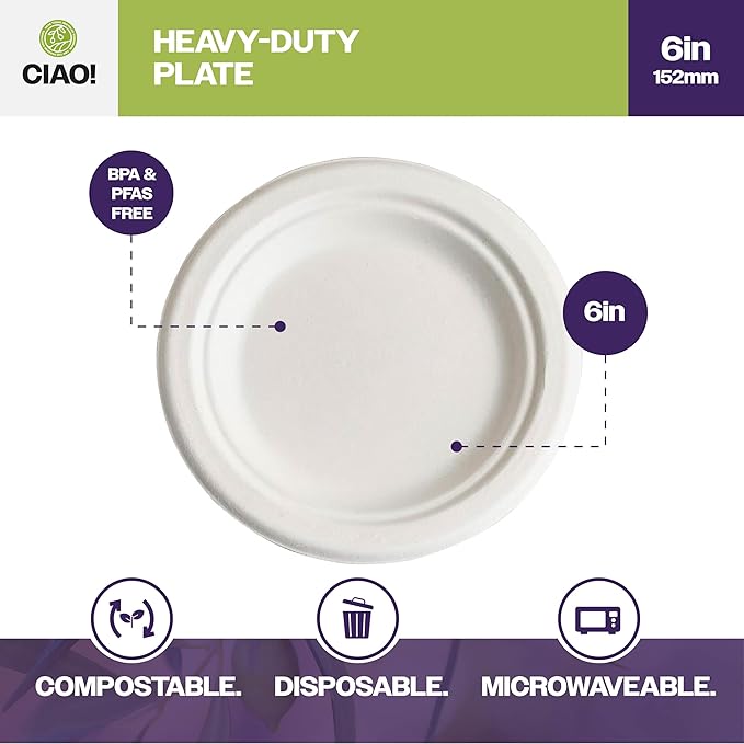 CIAO! 6" Heavy Duty Plate 100% Compostable Ecofriendly PFAS Free Unbleached Bagasse Natural White (Pack of 1,000)