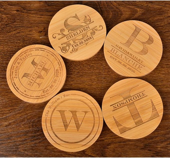 Personalized Bamboo Coasters, Custom Engraved Monogram Coasters with Holder, Great Gifts for Relatives, Friends or Yourself (T, Set of 6)