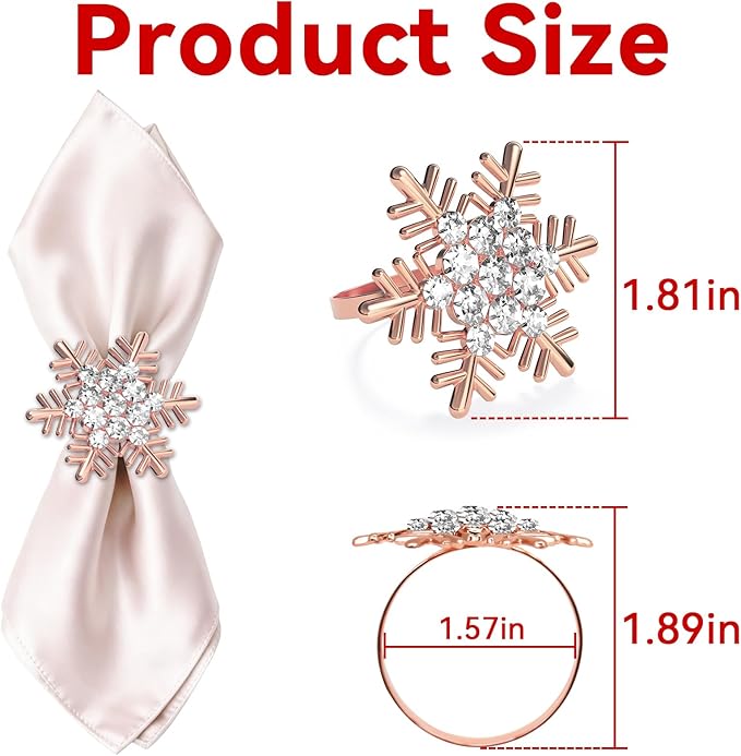 ZeeDix Christmas Snowflake Napkin Rings Set of 8- Rose Gold Rustic Dinner Tables Setting Decoration for Wedding Receptions, Christmas Holiday Party Dinner Parties
