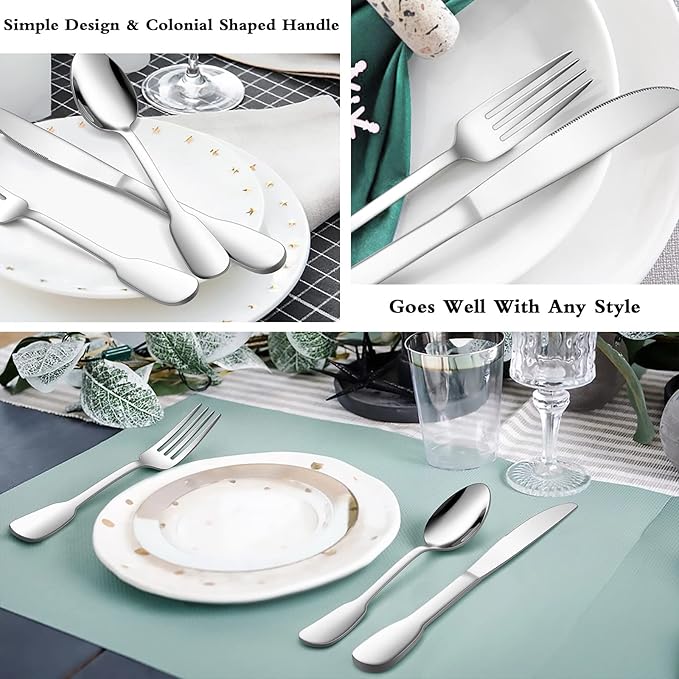 18/10 Silverware Set, E-far 60-Piece Stainless Steel Flatware Cutlery Set Service for 12, Metal Tableware Eating Utensil Sets for Home/Restaurant/Wedding, Elegant & Classic Style - Dishwasher Safe