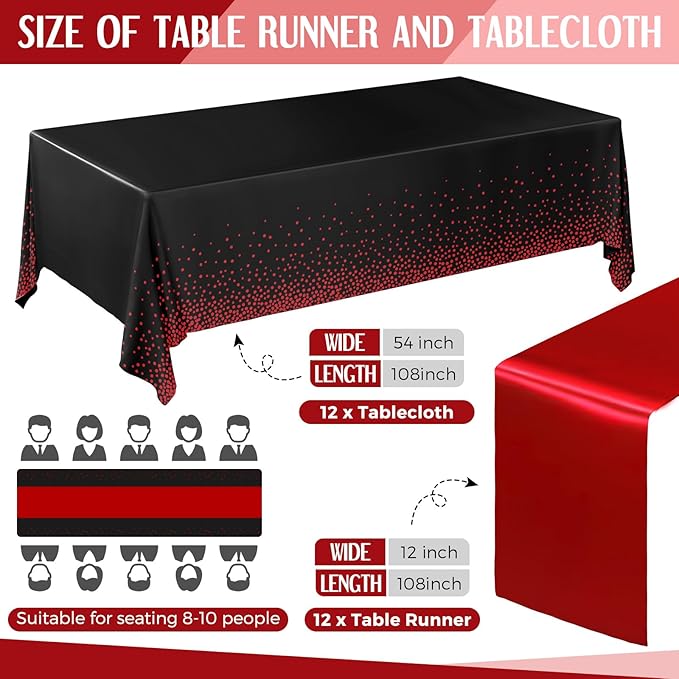 Breling 24 Pack Black and Red Disposable Plastic Tablecloths and Satin Table Runner Set, 54 x 108 Inch Tablecloth, 12 x 108 Inch Table Runners for Wedding Graduation Birthday Baby Shower