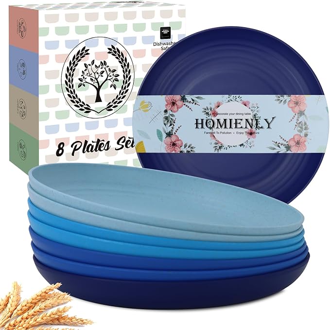 Homienly Salad Plates 10 Inch Unbreakable Wheat Straw Plates Dinner Plates Set of 8 Microwave Safe Plates for Kitchen Dishwasher Safe Plastic Plates Alternative for Picnic,Camping,RV (Blue Series)