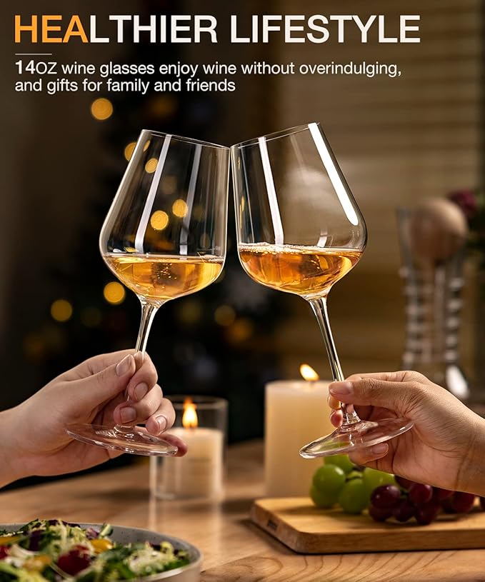 LUNA & MANTHA Wine Glasses Set of 6, Crystal White Wine Glasses with Long Stem, Hand Blown 14oz, Red White Gift Packaging for Daily Use, Father's Day, Wedding Anniversary or Birthday