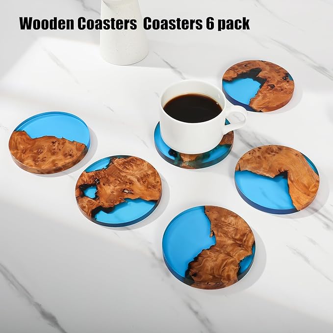 Wooden Beverage Coaster Set of 6 with Holder - Handmade Resin Wood Coasters, Drink Coaster Set for Coffee Tables, Home Bar Decorations, Round Blue Wood Coaster Set