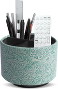 lizimandu Round Leather Art Supply Organizer,Remote Control Holder,360 Degree Spinning,Multi-Functional Pencil Holder,4 Compartments Desktop Stationary Organizer(1-Carved Stone Green)