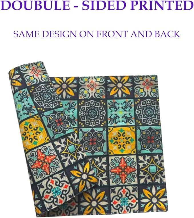 Mandala Bohemian Placemats Set of 6 Two-Sided Washable Table Placemat Boho Mat Fabric Cloth Vintage Flower for Farmhouse Kitchen Outdoor Dining Decor 12x18 Inch (Bohemian A)