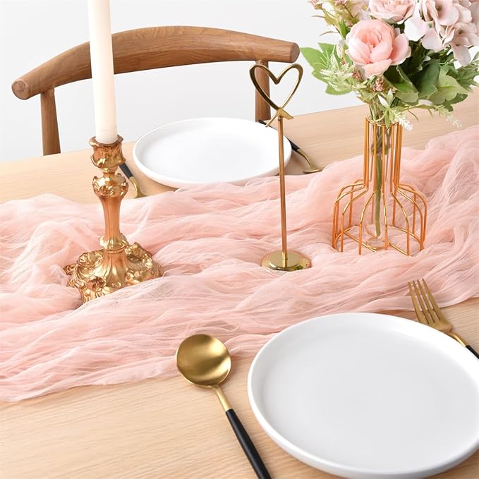 Joanlody Peach Cheesecloth Table Runner Spring Easter 10Ft Rustic Gauze Boho Cheese Cloth Table Runner for Wedding Bridal Baby Shower Decoration 4 Pack