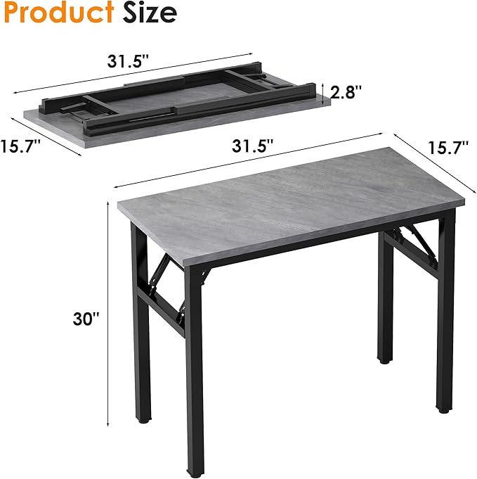 Need 31.5 Inch Folding Desk for Small Spaces, Home Office Computer Desk with Grey Wood Top & Black Frame, Foldable Writing Table for Study, Bedroom, Dorm Room & Student