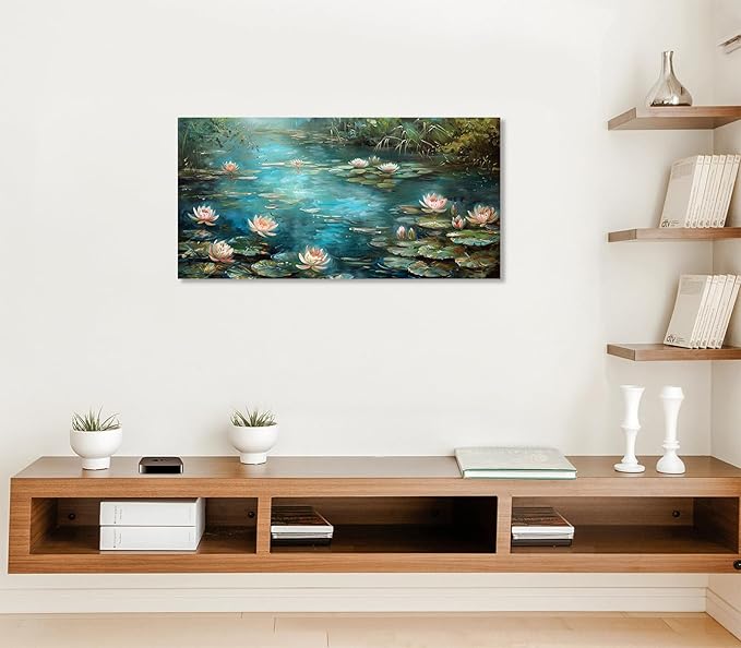 ADJUVANT Wall Art Impressionist Water Lily Pond 60" L x 30" W, Lotus Flower Canvas Painting Nature Artwork Green Water and Pink Blooms Prints Wall Decor for Living Room Bedroom Study Home Office