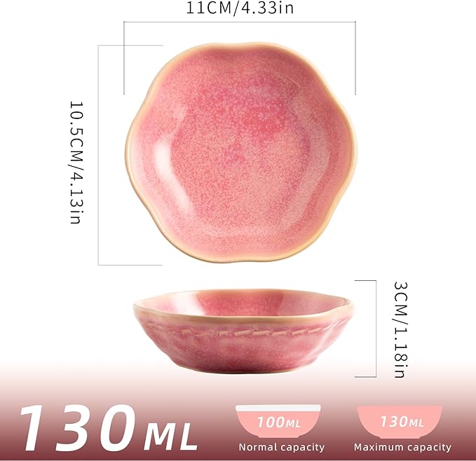 4.4Oz Kiln-Changed Dipping Bowls, 4.3 Inches Ceramic Flower-Shaped Soy Sauce Dishes, Small Appetizer/Side Plates Set of 4 (pink)