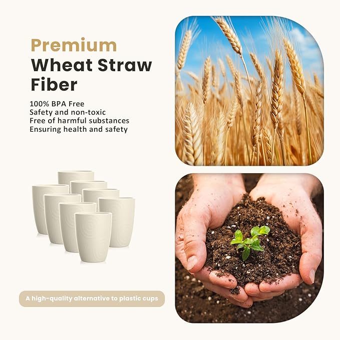 Homienly Wheat Straw Cups 8 PCS Plastic Cups Unbreakable Drinking Cup Reusable Dishwasher Safe Water Glasses with Beige Colors (12 OZ)