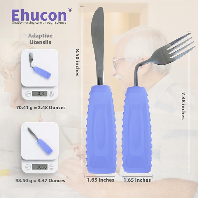 Adaptive Utensils Angled Knife and Fork for Hand Tremors Parkinsons,Weighted Utensils with Non-Slip Easy Grip Handles for Independent Eating (1pcs Straight Knife+1pcs Fork,Purple,Left Hand)