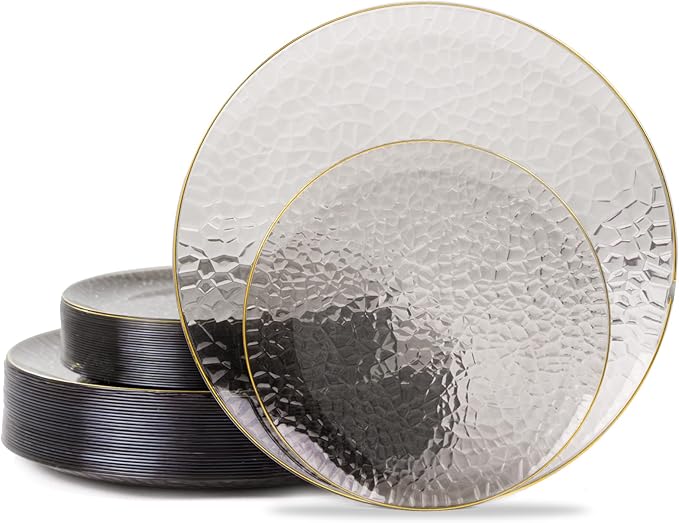 Hioasis 60pcs Black Plastic Plates - Gold Rimmed Disposable, Hammered, Heavy-duty Dinnerware Set Suitable for 30 Guests, 10.25" Dinner & 7.5" Dessert Plates for Party & Wedding