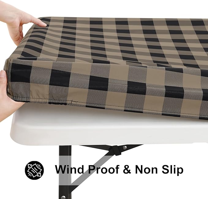 Smiry Rectangle Picnic Table Cloth, Elastic Waterproof Fitted Vinyl Tablecloths, Flannel Backed Buffalo Plaid Table Covers for Dining, Camping, Outdoor (Black and Khaki, 30" x 96")