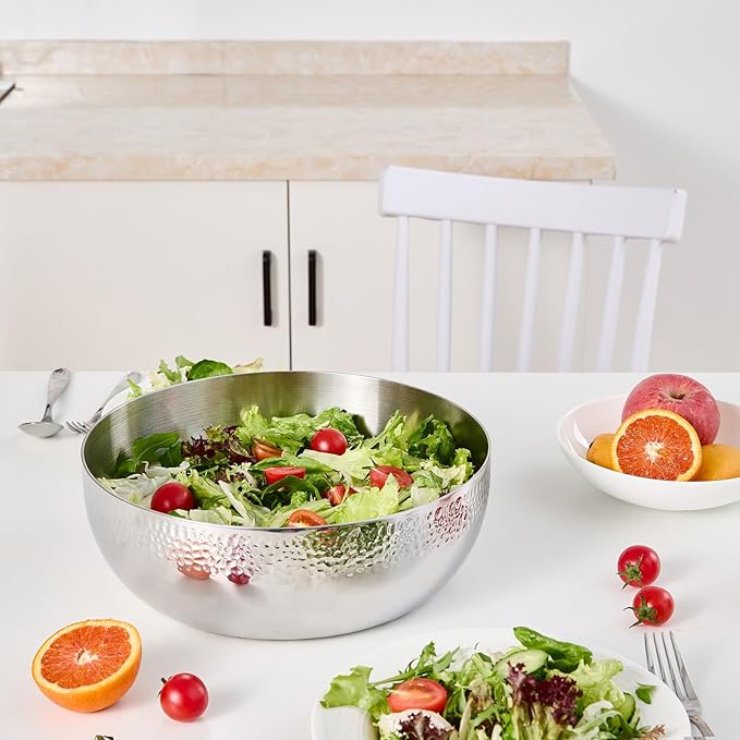 150oz Stainless Steel Hammered Salad Bowl, Large Fruit Popcorn Serving Bowl