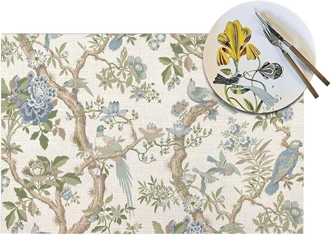 Chinoiserie Floral Place mats Set of 4, 12x18 Inches Green Blue Birds Flower Decorative Placemats Rectangle Floral Table Mats for Party Home Kitchen Dining Table Decoration