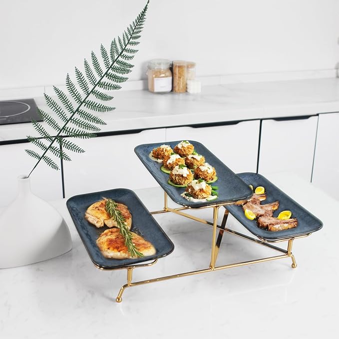 3 Tier Serving Trays for Party, 12.4 Inch Porcelain Serving Platters and Tiered Trays, Foldable Sturdy Gold Stand, for Food Display, Fruit, Cake Dessert, Decoration Entertaining, Blue