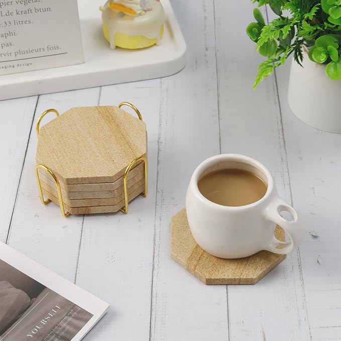 Highly Absorbent Sandstone Coasters Set of 6 with Holder, Octagonal Desert-Like Patterns Australian Sandstone Bar/Drink Coasters for Coffee Table, Office Desk, Outdoor, Bedroom Nightstand
