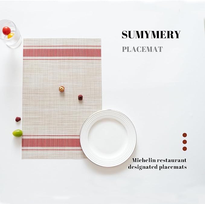 Placemats Set of 8 Vinyl/Plastic Woven Place Mats for Kitchen Table Indoor/Outdoor Washable Placemat Wipeable Dining Table Mats (Khaki Red,8)