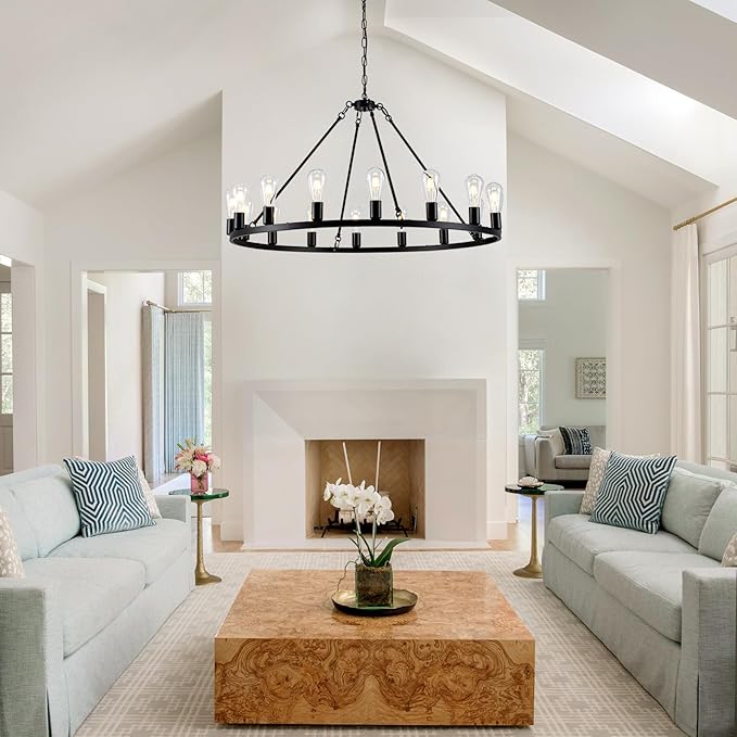 16-Light Wagon Wheel Chandelier, 40 inch Farmhouse Wagon Wheel Chandeliers, Black Round Rustic Pendant Lights, Industrial Ceiling Light Fixtures for Dining Room Living Room Bedroom Kitchen Entryway