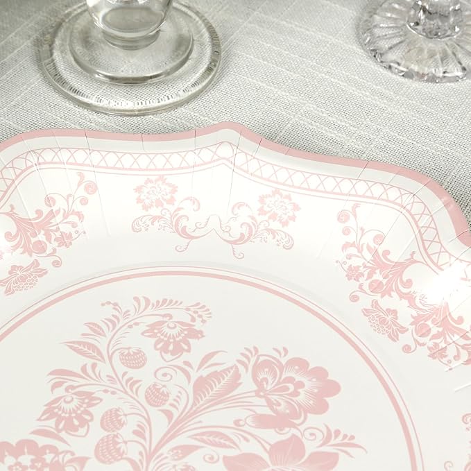 50 Pack 8" White Pink French Toile Dessert Plates, Disposable Round Paper Floral Pattern Appetizer Salad Plates 300 GSM for Party Decoration