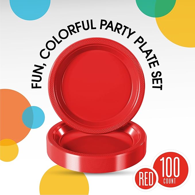Red Plastic Plates For Party 7" Red Disposable Plates Heavy Duty 100 Pcs Plastic Dinnerware Sets Heavy Duty 350 GSM Disposable Dinnerware Set