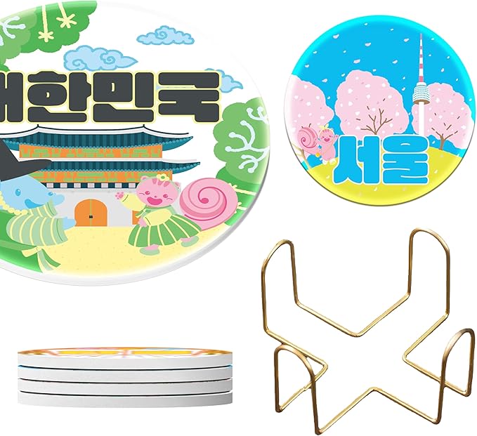 Cute Coasters Set of 4, Korean Home Decor,Traditional Palace and Seoul Tower Theme, Cute Style Coaster for Coffee Table, 4.25 Inches, Coasters with Gold Holder, Doggie, Chipmunk